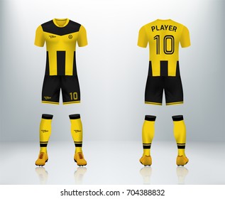 3D realistic of font and back of yellow soccer jersey shirt with pants and soccer socks on shop backdrop. Concept for soccer team uniform or football apparel mockup template in vector illustration