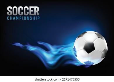 3d Realistic football flying in blue fiery flames with Soccer sports tournament abstract vector background