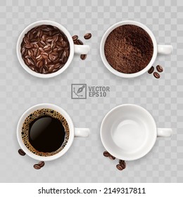 3d realistic four cups of coffee, with beans, instant, ground and empty cup