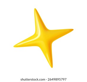 3d realistic four pointed yellow sparkle star. Product rating symbol, magic decoration or game UI element. Three dimensional golden or yellow glossy plastic star isolated vector shape