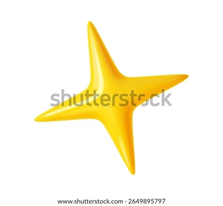 3d realistic four pointed yellow sparkle star. Product rating symbol, magic decoration or game UI element. Three dimensional golden or yellow glossy plastic star isolated vector shape