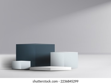 Pantalla de forma de cubo peatonal de plataforma de podio blanco y negro 3D realista de cuatro pasos con iluminación sobre fondo limpio estilo mínimo. Resumen de la sala de estudio elegante escena de la pared. anuncio de presentación de productos