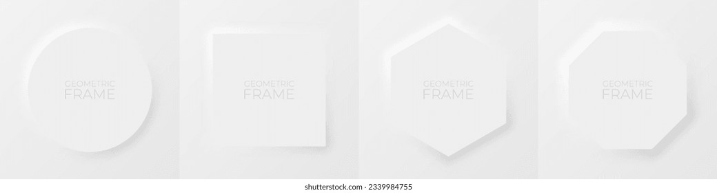 3d realistic frame set for your product. White and grey minimal geometric background with light and shadow. Neumorphism style.