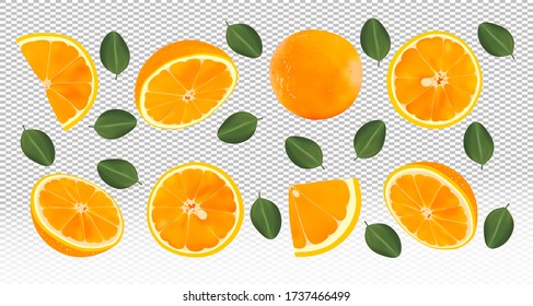 3D realistic fresh orange with green leaves.Falling orange on transparent background. Flying orange fruits are whole and cut in half. Vector illustration.