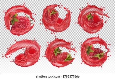 3D realistic fresh raspberry on with splash liquid on transparent background. Red juice raspberry. Summer berries closeup. Detailed vector Illustration