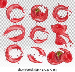3D realistic fresh raspberry on with splash liquid on transparent background. Red juice raspberry. Summer berries closeup. Detailed vector Illustration