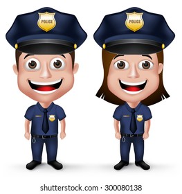 3D Realistic Friendly Police Characters Policeman and Policewoman in Uniform for Security Isolated in White Background. Vector Illustration