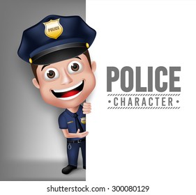 3D Realistic Friendly Police Man Character Policeman in Uniform for Security with White Space for Text Isolated in White Background. Vector Illustration