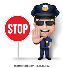 3D Realistic Friendly Police Man Character Policeman in Uniform with Stop Sign Hand for Traffic Isolated in White Background. Vector Illustration