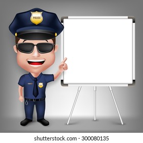 3D Realistic Friendly Police Man Character Policeman Teaching on White Board with Space for Text Isolated in White Background. Vector Illustration