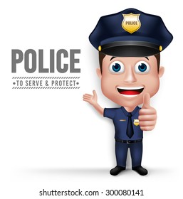 3D Realistic Friendly Police Man Character Policeman in Uniform for Security with White Space for Text Isolated in White Background. Vector Illustration