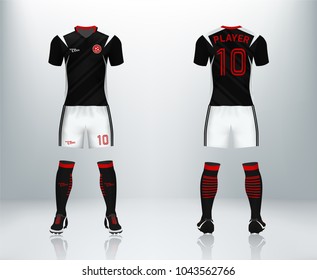 3D realistic of front and back of black soccer jersey t-shirt with pants and socks on shop backdrop. Concept for soccer team uniform or football apparel mockup template in vector illustration