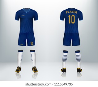 3D realistic of front and back of black and Blue soccer jersey t-shirt with pants and socks. Concept for V neck soccer team uniform or football apparel mockup template in vector illustration
