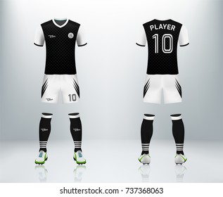 3D realistic of front and back of black soccer jersey t-shirt with pants and socks on shop backdrop. Concept for soccer team uniform or football apparel mockup template in vector illustration