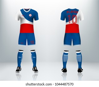 3D realistic of front and back of blue soccer jersey t-shirt with pants and football socks on shop backdrop. Concept for soccer team uniform or football apparel mockup template in vector illustration