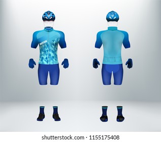 3D realistic of front and back of blue cycling jersey t shirt with pants and helmet on shop backdrop. Concept for bicycle uniform or apparel mockup template in vector illustration
