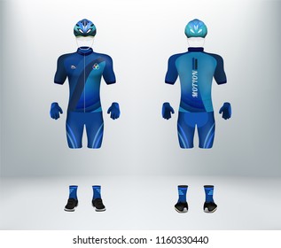 3D Realistic Of Front And Back Of Blue Cycling Jersey T Shirt With Pants And Helmet On Shop Backdrop. Concept For Fashion Of Bicycle Uniform Or Apparel Mockup Template In Vector Illustration