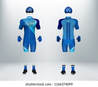 3D Realistic Of Front And Back Of Blue Cycling Jersey T Shirt With Pants And Helmet On Shop Backdrop. Concept For Bicycle Uniform Or Apparel Mockup Template In Vector Illustration