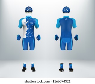 3D Realistic Of Front And Back Of Blue Cycling Jersey T Shirt With Pants And Helmet On Shop Backdrop. Concept For Bicycle Uniform Or Apparel Mockup Template In Vector Illustration