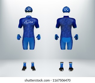 3D Realistic Of Front And Back Of Blue Cycling Jersey T Shirt With Pants And Helmet On Shop Backdrop. Concept For Fashion Of Bicycle Uniform Or Apparel Mockup Template In Vector Illustration