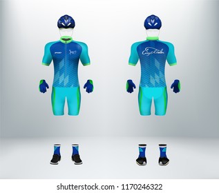 3D Realistic Of Front And Back Of Blue Cycling Jersey T Shirt With Pants And Helmet On Shop Backdrop. Concept For Fashion Of Bicycle Uniform Or Apparel Mockup Template In Vector Illustration