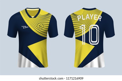 3D realistic of front and back of blue and yellow soccer jersey t-shirt on shop backdrop. Concept for soccer team uniform or football apparel mockup template in vector illustration