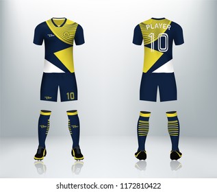 3D realistic of front and back of blue soccer jersey t-shirt with pants and socks on shop backdrop. Concept for soccer team uniform or football apparel mockup template in vector illustration