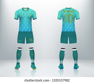 3D realistic of front and back of blue gradient soccer jersey t-shirt with pants and socks on shop backdrop. Concept for soccer team uniform or football apparel mockup template in vector 