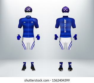 3D realistic of front and back of blue cycling jersey t shirt with pants and helmet on shop backdrop. Concept for fashion of cyclist uniform or apparel mockup template in vector illustration 