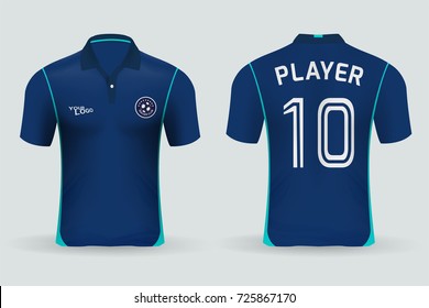 3D realistic of front and back of blue soccer jersey shirt on shop backdrop. Concept for soccer team uniform or football apparel mockup template in vector illustration