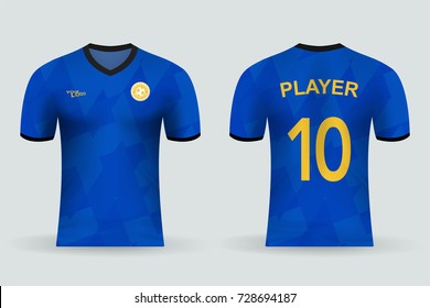 3D realistic of front and back of blue soccer jersey shirt on shop backdrop. Concept for soccer team uniform or football apparel mockup template in vector illustration