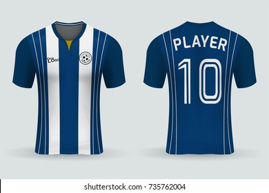 3D realistic of front and back of blue soccer jersey t-shirt with pants and socks on shop backdrop. Concept for soccer team uniform or football apparel mockup template in vector illustration