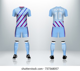 3D realistic of front and back of blue soccer jersey t-shirt with pants and socks on shop backdrop. Concept for soccer team uniform or football apparel mockup template in vector illustration