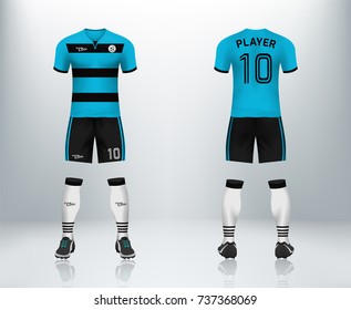 3D realistic of front and back of blue soccer jersey t-shirt with pants and socks on shop backdrop. Concept for soccer team uniform or football apparel mockup template in vector illustration