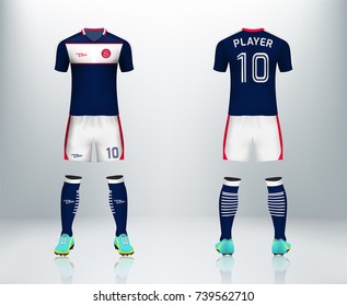 3D realistic of front and back of blue soccer jersey t-shirt with pants and socks on shop backdrop. Concept for soccer team uniform or football apparel mockup template in vector 