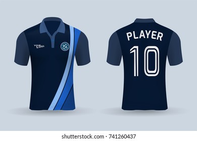 3D realistic of front and back of blue soccer jersey shirt on shop backdrop. Concept for soccer team uniform or football apparel mockup template in vector illustration