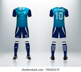 3D realistic of front and back of blue soccer jersey t-shirt with pants and socks on shop backdrop. Concept for soccer team uniform or football apparel mockup template in vector