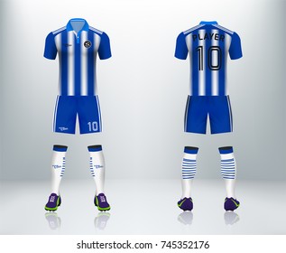 3D realistic of front and back of blue soccer jersey t-shirt with pants and socks on shop backdrop. Concept for soccer team uniform or football apparel mockup template in vector