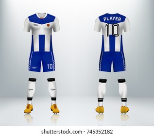 3D realistic of front and back of blue soccer jersey t-shirt with pants and socks on shop backdrop. Concept for soccer team uniform or football apparel mockup template in vector