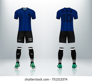 3D realistic of front and back of blue soccer jersey t-shirt with pants and socks on shop backdrop. Concept for soccer team uniform or football apparel mockup template in vector