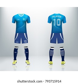 3D realistic of front and back of blue soccer jersey t-shirt with pants and socks on shop backdrop. Concept for soccer team uniform or football apparel mockup template in vector illustration