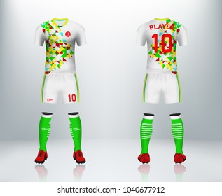 3D realistic of front and back of colourful soccer jersey t-shirt with pants and socks on shop backdrop. Concept for soccer team uniform or football apparel mockup template in vector illustration