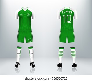 3D realistic of front and back of green soccer jersey t-shirt with pants and socks on shop backdrop. Concept for soccer team uniform or football apparel mockup template in vector illustration