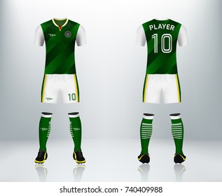 3D realistic of front and back of green soccer jersey t-shirt with pants and socks on shop backdrop. Concept for soccer team uniform or football apparel mockup template in vector 