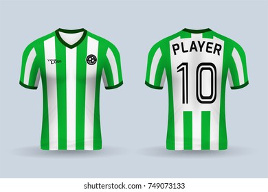 3D realistic of front and back of green soccer jersey shirt on shop backdrop. Concept for soccer team uniform or football apparel mockup template in vector illustration