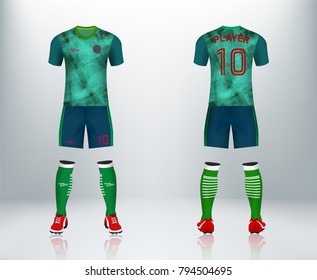 3D realistic of front and back of green soccer jersey t-shirt with pants and socks on shop backdrop. Concept for soccer team uniform or football apparel mockup template in vector illustration