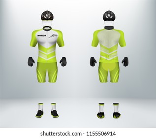 3D realistic of front and back of light green cycling jersey t shirt with pants and helmet on shop backdrop. Concept for bicycle uniform or apparel mockup template in vector illustration
