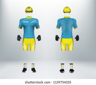 3D realistic of front and back of light blue cycling jersey t shirt with pants and helmet on shop backdrop. Concept for bicycle uniform or apparel mockup template in vector illustration