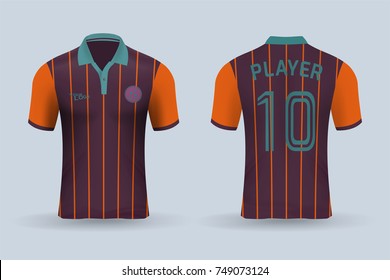 3D realistic of front and back of orange soccer jersey shirt on shop backdrop. Concept for soccer team uniform or football apparel mockup template in vector illustration