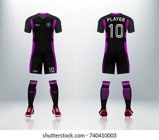 3D realistic of front and back of pink soccer jersey t-shirt with pants and socks on shop backdrop. Concept for soccer team uniform or football apparel mockup template in vector 